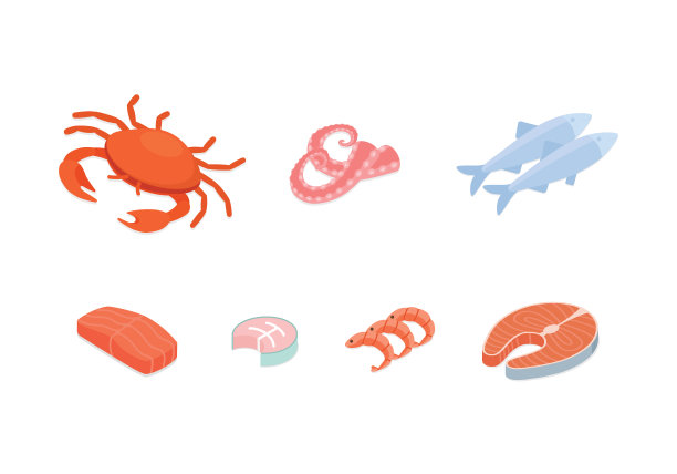 鱼和海鲜集等距矢量插图图片下载