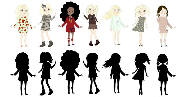 可爱的女孩穿着不同的衣服。时尚的矢量图。黑色的轮廓。图片下载