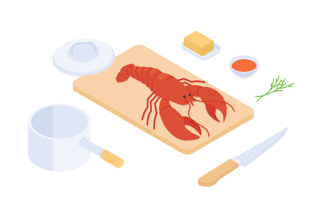 烹饪龙虾设置等距矢量插图图片下载