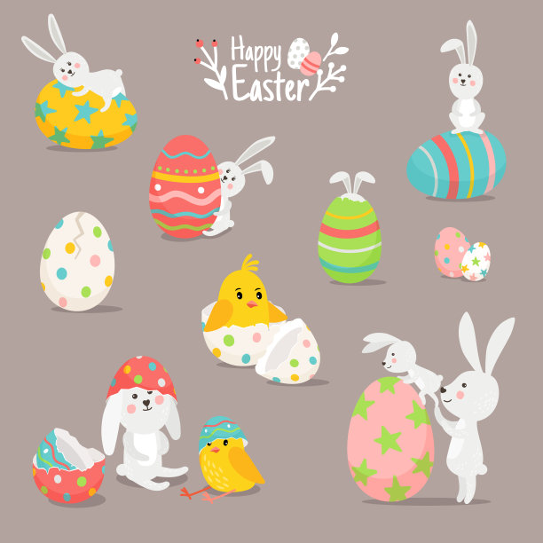 可爱的小兔子和鸡蛋卡片。卡通人物复活节快乐图片下载