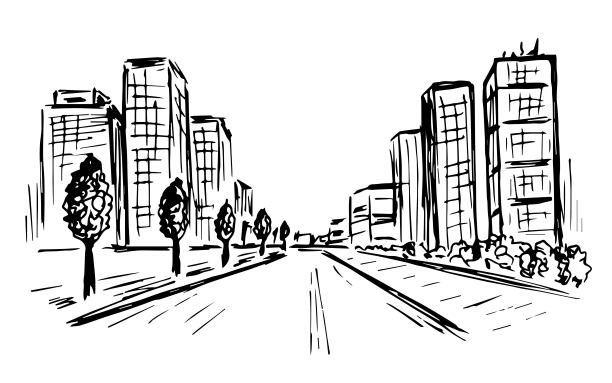 手绘黑白矢量草图。城市中心，大街，小巷，高楼大厦，道路。城市景观，画法简单。图片下载