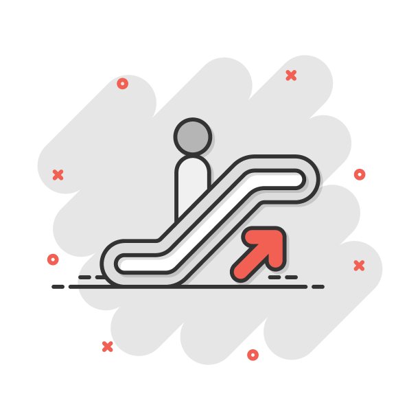 向量卡通自动扶梯电梯图标在漫画风格。自动扶梯标志插图象形文字。电梯企业飞溅效应概念。图片下载