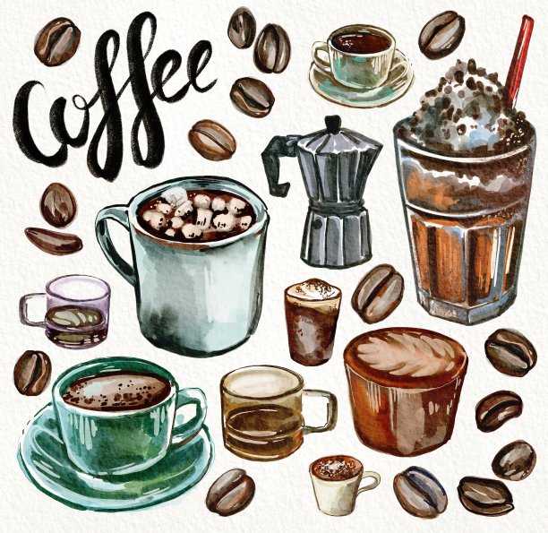 水彩明亮手工咖啡插图集图片下载