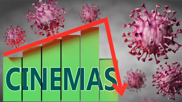 影院和Covid-19病毒，以病毒为代表，价格图表向下以“影院”一词表示病毒和影院之间的关系，3d插图图片下载