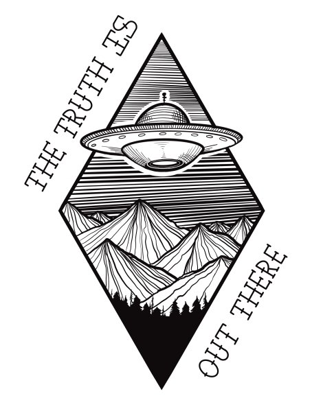 线艺术纹身素描插图UFO和山图片下载