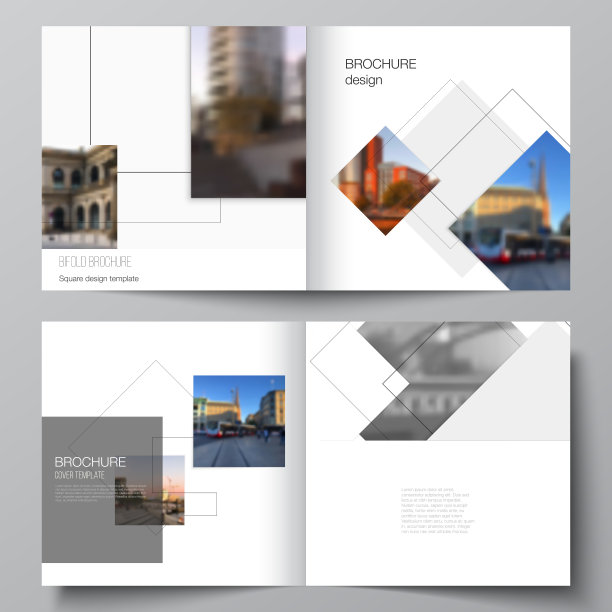 矢量布局的两个封面模板与几何简单的形状，线条和照片的方形设计双折叠小册子，传单，杂志，封面设计，书，小册子封面。图片下载