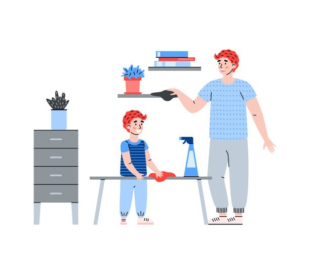 孩子帮爸爸做家务，儿子和爸爸一起擦灰尘和打扫房间图片下载