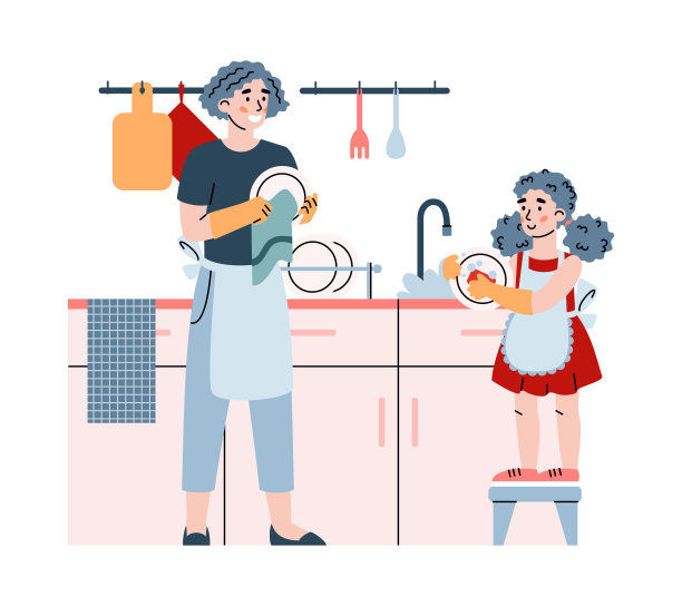 母女饭后洗碗卡通矢量插画图片下载