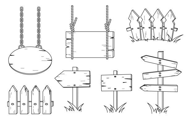 木制标志，指针和栅栏设置。向量图片下载