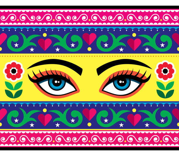 巴基斯坦或印度卡车艺术矢量无缝图案与女性眼睛和花-长垂直设计图片下载