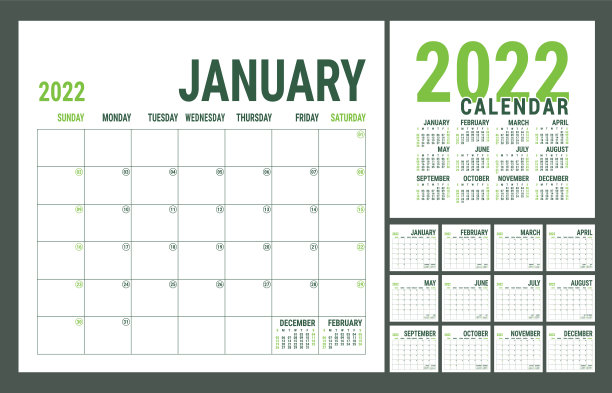 日历2022年。英语计划模板。向量方格网。办公室业务规划。创意设计。绿色图片下载