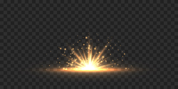 星星闪耀着光芒。金色的光耀斑效果与星星，闪烁和闪光孤立在黑暗透明的背景。矢量插图闪亮的辉光星与星尘，金色镜头光晕图片下载