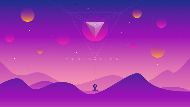 卡通紫色沙漠景观与丘陵和山的轮廓矢量插图。图片下载