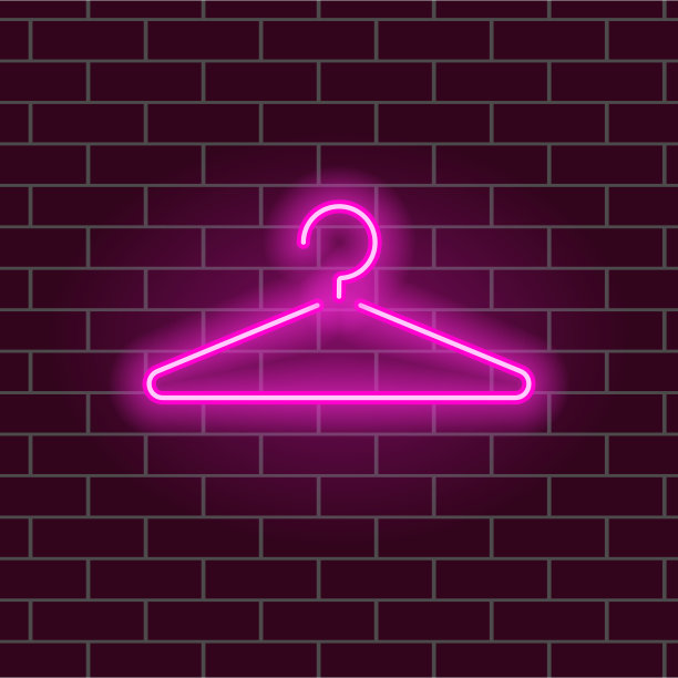 衣服衣架粉红色霓虹发光明亮的标志背景黑暗的墙壁矢量插图。图片下载