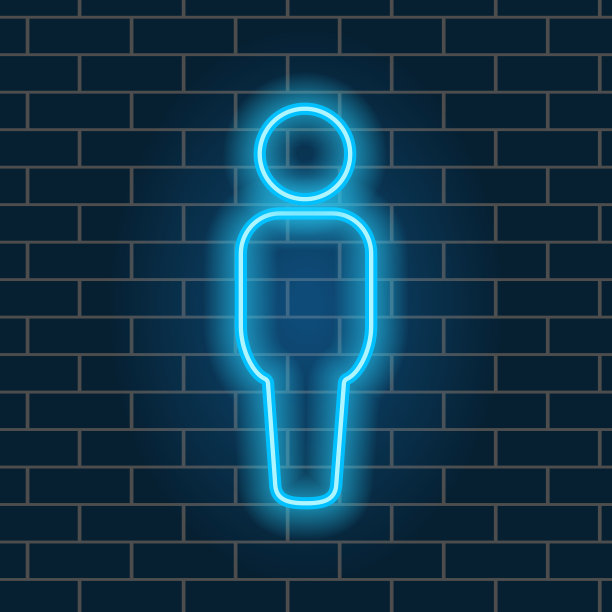 人形霓虹轮廓蓝色发光明亮的标志背景黑暗的墙壁矢量插图。图片下载