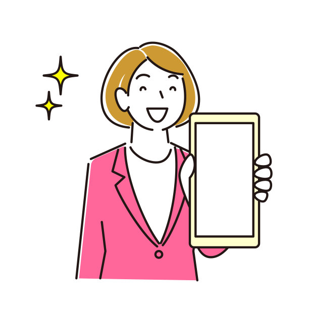 一个穿着西装的女人正在展示她的智能手机屏幕。微笑。一个简单的例子。向量。图片下载