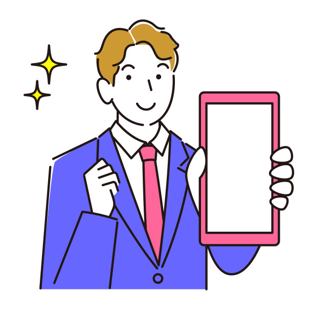 A man in A suit showing the screen of A smartphone smiling适度简单的插图向量一个男人穿着西装显示她的智能手机的屏幕。微笑。一个简单的例子。向量。图片下载