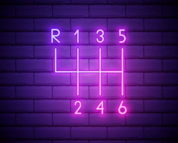 驱动齿轮控制轮廓图标在霓虹灯风格。汽车修理图元素霓虹灯风格图标。标识和符号可以用于网页，标志，移动应用程序，UI, UX隔离在砖墙上。图片下载