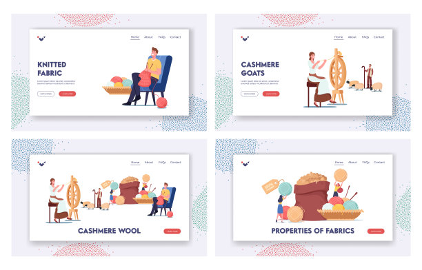 羊绒生产登陆页模板集。女人在车轮上纺线，牧羊人放牧山羊，男人编织布图片下载