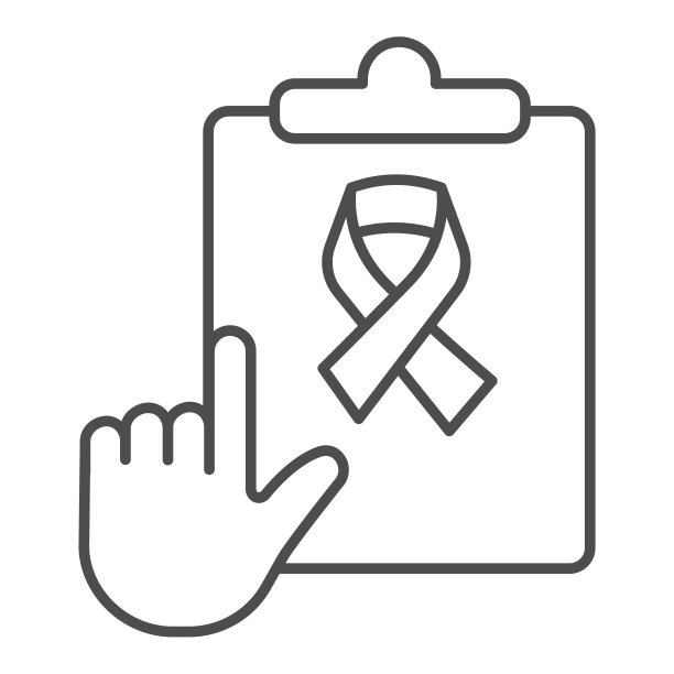 清单与癌症丝带细线图标，世界癌症日概念，医疗检查报告数据在白色背景上签名，Checkboard和指针与癌症磁带图标在大纲风格。图片下载