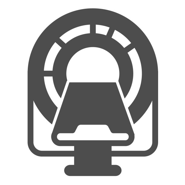 磁共振扫描机床实体图标，世界癌症日概念，Mri扫描仪床标志在白色背景，医疗诊断设备图标在象形风格。向量。图片下载