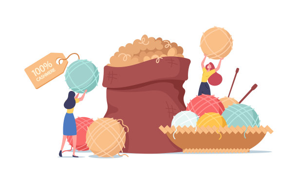 生态纺织，手工爱好概念。小女孩在巨大的麻袋与羊绒，编织针和线索图片下载