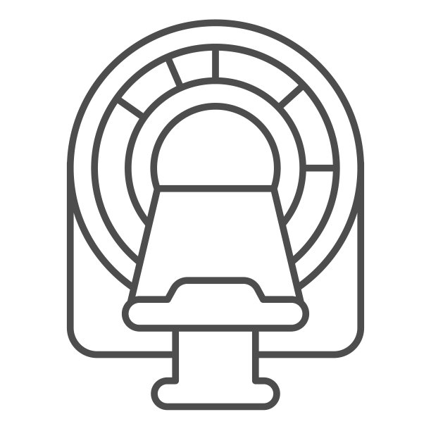 磁共振成像仪与床细线图标，世界癌症日概念，Mri扫描仪床标志在白色背景，医疗诊断设备图标在轮廓风格。向量。图片下载