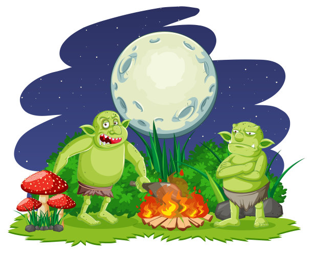 夜景与地精或巨魔卡通人物图片下载