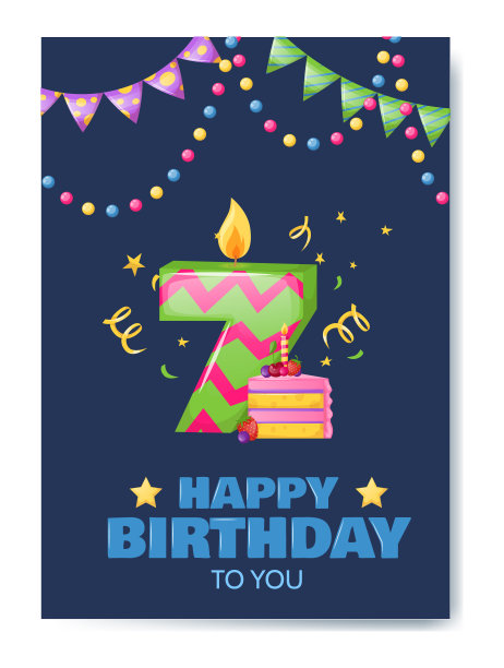 生日纪念日号码蜡烛。喜气洋洋的庆祝礼品卡配燃蜡烛做的蛋糕，生日数字七，节日装饰。蜡烛形式的数字盒和礼物的生日海报图片下载