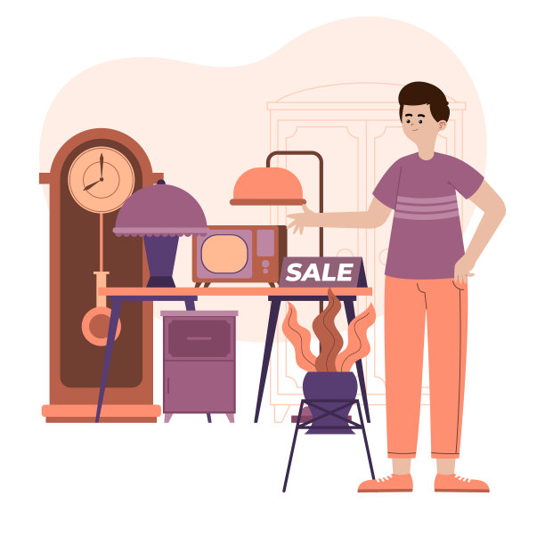 平面古董市场插图与不同的对象矢量插图图片下载