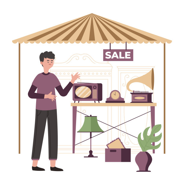 平面古董市场插图与不同的对象矢量插图图片下载