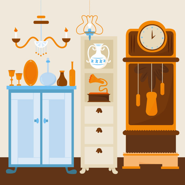 平面古董市场插图与不同的对象矢量插图图片下载