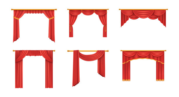 逼真的红色剧院窗帘。红丝绒窗帘和窗帘设计室内，剧院舞台装饰，婚礼沙龙，电影院，大厅歌剧。奢侈面料纹理孤立向量图片下载