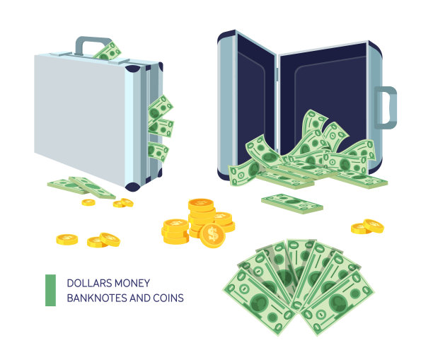 有盖有开的手提箱里装着美元的公文包。美元、纸币和硬币。宝袋，奖励游戏元素硬币向量图片下载