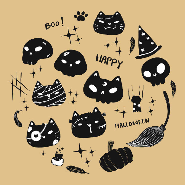 可爱的猫头骨和脸万圣节元素平图片下载