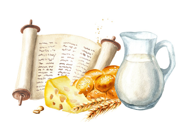 摩西五经，牛奶，面包，奶酪和小麦。犹太节日五旬节的象征。水彩手绘插图，孤立的白色背景图片下载