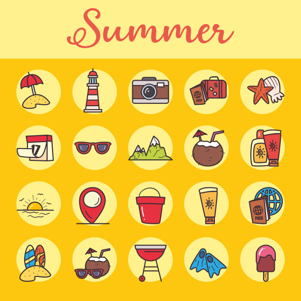 夏季系列和填充风格集合图标图片下载