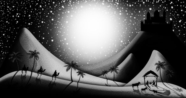 三贤士在伯利恒城与小耶稣在马槽见面的圣诞场景图片下载