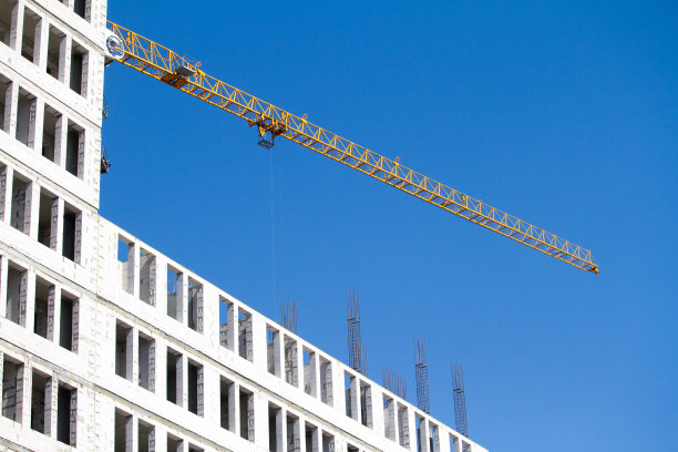 黄塔鹤在新楼附近掠过蓝天，选择性聚焦图片下载