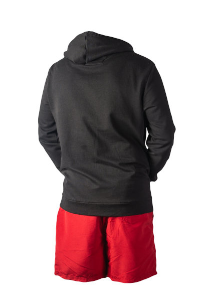 带有兜帽的熨斗拉链的运动衫和孤立在白色背景上的运动短裤。休闲运动服装图片下载
