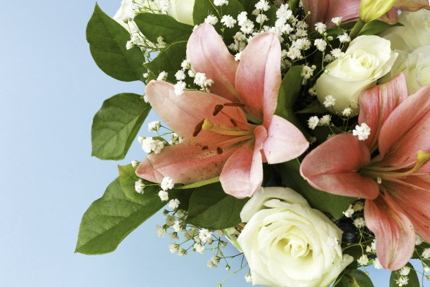 一束美丽的粉红色百合和白色玫瑰在蓝色的背景是一个空白祝贺或邀请。图片下载