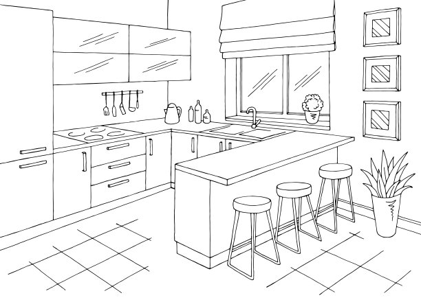 厨房室内黑白图形素描插图矢量图片下载