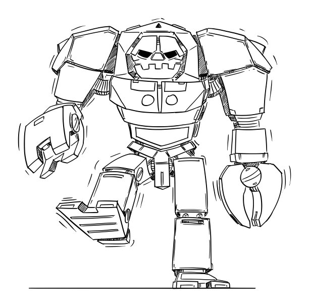 行走的大恶魔机器人。前视图。科幻技术概念艺术设计。手绘及插图图片下载