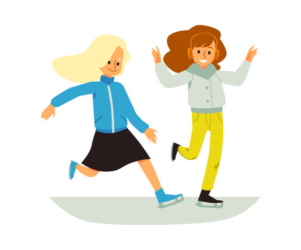 假期里，孩子们在露天溜冰场滑冰。一个矢量插图素材图片