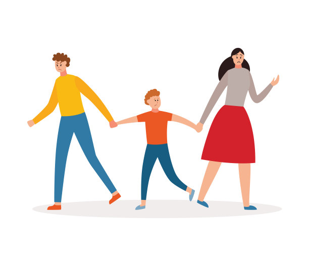 家庭离婚观念，卡通父母把孩子拉向不同的一边图片下载