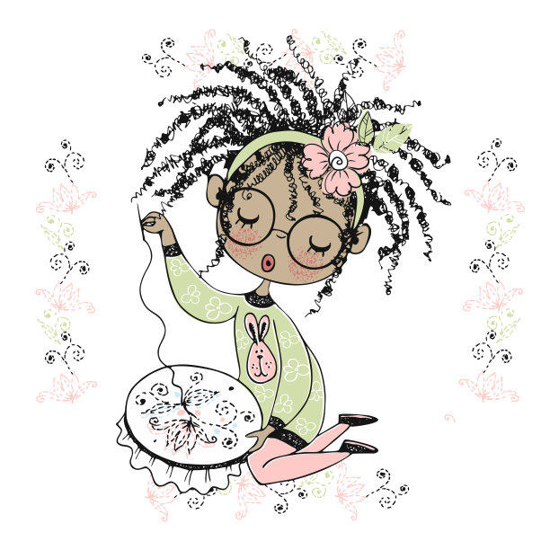 一个漂亮的黑人姑娘正在做针线活，在箍上绣着漂亮的图案。向量图片下载