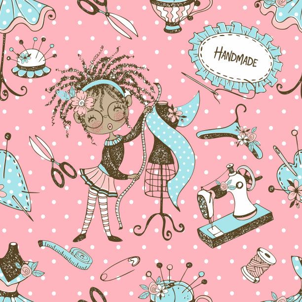 无缝模式与可爱的小黑裁缝与缝纫人体模型。向量。图片下载