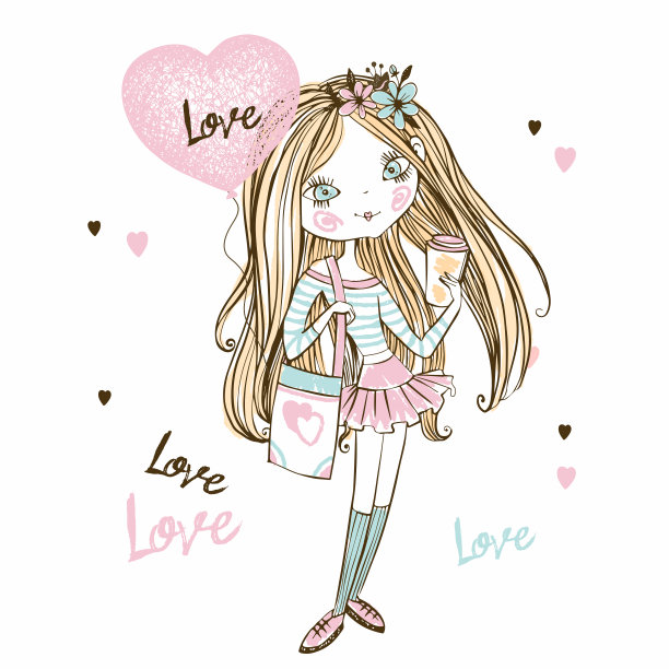可爱的时尚少女拿着一杯咖啡和一个心形的气球。情人节卡片。向量。图片下载
