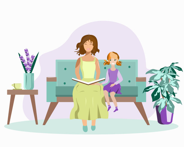 妈妈在家里的沙发上给女儿读书图片下载