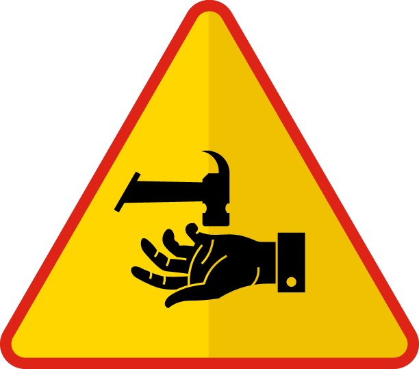 手危险概念，锤子与手矢量图标设计，黄色三角形警告标志，监管和指导符号在白色背景，现代交通信号股票插图图片下载